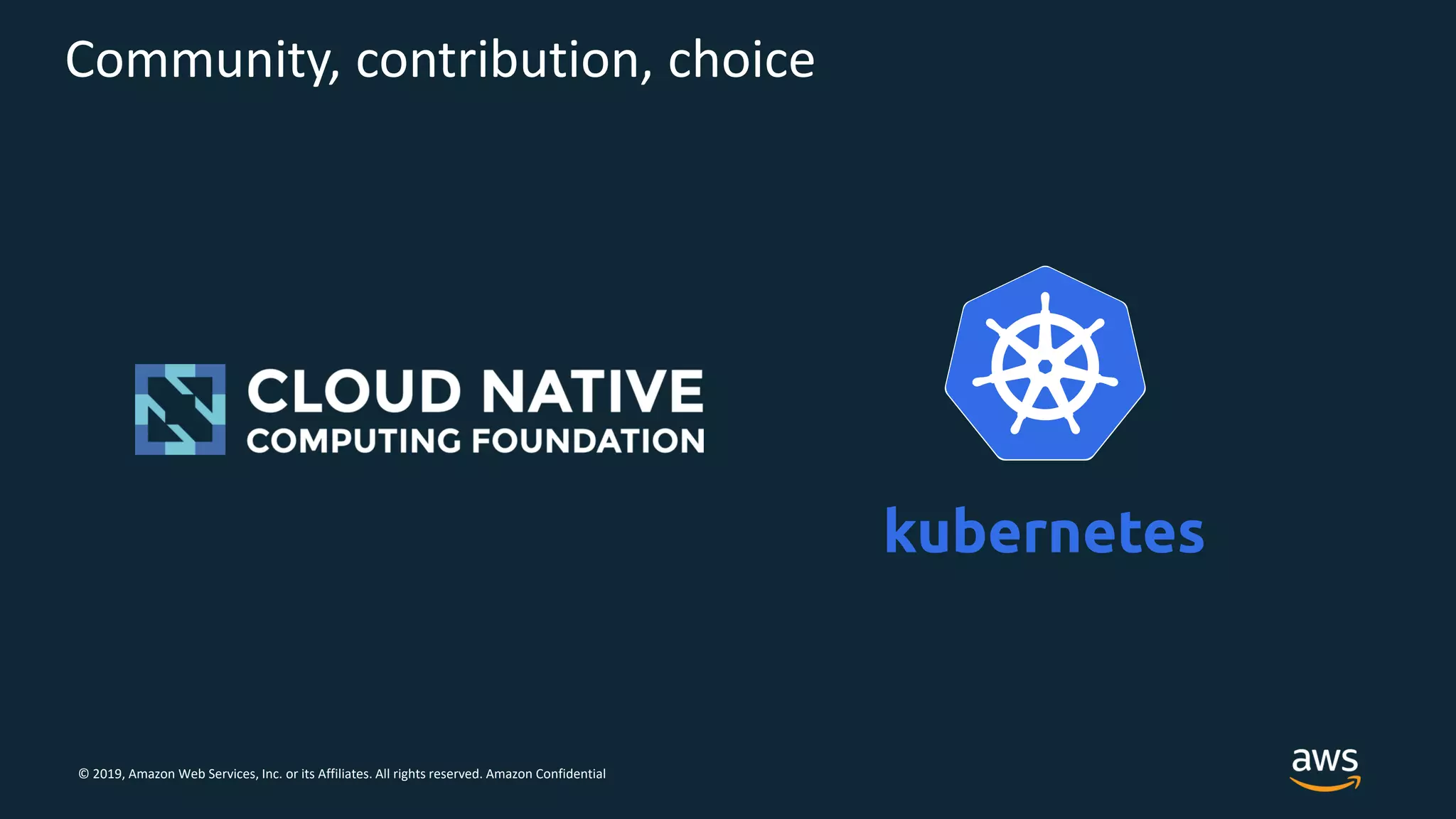 © 2019, Amazon Web Services, Inc. or its Affiliates. All rights reserved. Amazon Confidential
Community, contribution, choice
 