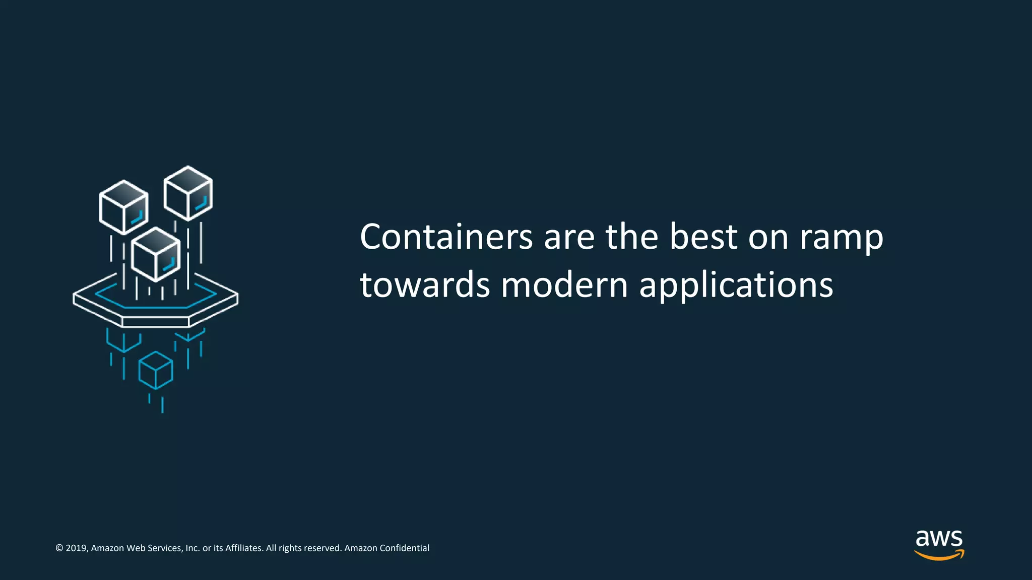 © 2019, Amazon Web Services, Inc. or its Affiliates. All rights reserved. Amazon Confidential
Containers are the best on ramp
towards modern applications
 