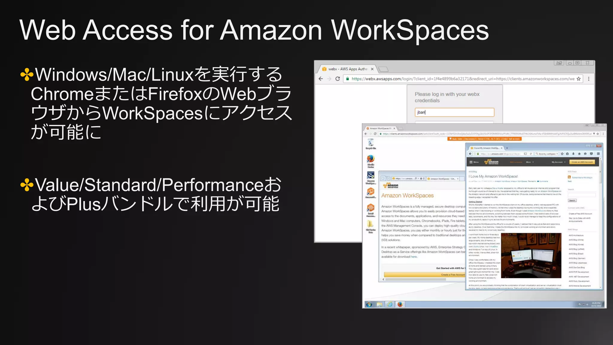 Web Access for Amazon WorkSpaces
✤Windows/Mac/Linuxを実行する
ChromeまたはFirefoxのWebブラ
ウザからWorkSpacesにアクセス
が可能に
✤Value/Standard/Performanceお
よびPlusバンドルで利用が可能
 