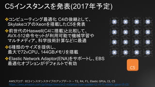 C5インスタンスを発表(2017年予定)
✤コンピューティング最適化 C4の後継として、
SkylakeコアのXeonを搭載したC5を発表
✤前世代のHaswell(C4に搭載)と比較して、
AVX-512命令セットが利用可能で機械学習や
マルチメディア、科学技術計算などに最適
✤6種類のサイズを提供し、
最大で72vCPU、144GBメモリを搭載
✤Elastic Network Adaptor(ENA)をサポートし、EBS
最適化オプションがデフォルトで有効
C5
AWSブログ：EC2インスタンスタイプのアップデート – T2, R4, F1, Elastic GPUs, I3, C5
https://aws.amazon.com/jp/blogs/news/ec2-instance-type-update-t2-r4-f1-elastic-gpus-i3-c5/
 