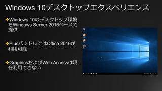 Windows 10デスクトップエクスペリエンス
✤Windows 10のデスクトップ環境
をWindows Server 2016ベースで
提供
✤PlusバンドルではOffice 2016が
利用可能
✤GraphicsおよびWeb Accessは現
在利用できない
 