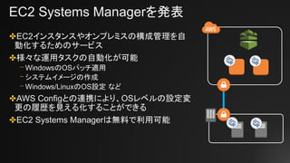 EC2 Systems Managerを発表
✤EC2インスタンスやオンプレミスの構成管理を自
動化するためのサービス
✤様々な運用タスクの自動化が可能
⎻ WindowsのOSパッチ適用
⎻ システムイメージの作成
⎻ Windows/LinuxのOS設定 など
✤AWS Configとの連携により、OSレベルの設定変
更の履歴を見える化することができる
✤EC2 Systems Managerは無料で利用可能
 
