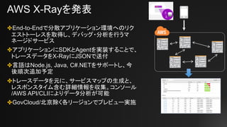 AWS X-Rayを発表
✤End-to-Endで分散アプリケーション環境へのリク
エストトーレスを取得し、デバッグ・分析を行うマ
ネージドサービス
✤アプリケーションにSDKとAgentを実装することで、
トレースデータをX-RayにJSONで送付
✤言語はNode.js, Java, C#.NETをサポートし、今
後順次追加予定
✤トレースデータを元に、サービスマップの生成と、
レスポンスタイム含む詳細情報を収集。コンソール
/AWS API/CLIによりデータ分析が可能
✤GovCloud/北京除く各リージョンでプレビュー実施
 