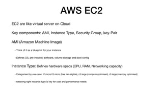 AWS EC2
EC2 are like virtual server on Cloud
Key components: AMI, Instance Type, Security Group, key-Pair
AMI (Amazon Machine Image)
- Think of it as a blueprint for your instance
- De
fi
nes OS, pre-installed software, volume storage and boot con
fi
g
Instance Type: De
fi
nes hardware specs (CPU, RAM, Networking capacity)
- Categorised by use-case: t2.micro/t3.micro (free tier eligible), c5.large (compute optimised), r5.large (memory optimised)
- selecting right instance type is key for cost and performance needs
 