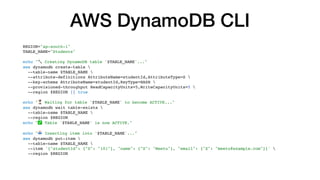 AWS DynamoDB CLI
REGION="ap-south-1"
TABLE_NAME="Students"
echo "🔧 Creating DynamoDB table '$TABLE_NAME'..."
aws dynamodb create-table 
--table-name $TABLE_NAME 
--attribute-definitions AttributeName=studentId,AttributeType=S 
--key-schema AttributeName=studentId,KeyType=HASH 
--provisioned-throughput ReadCapacityUnits=5,WriteCapacityUnits=5 
--region $REGION || true
echo "⏳ Waiting for table '$TABLE_NAME' to become ACTIVE..."
aws dynamodb wait table-exists 
--table-name $TABLE_NAME 
--region $REGION
echo "✅ Table '$TABLE_NAME' is now ACTIVE."
echo "📥 Inserting item into '$TABLE_NAME'..."
aws dynamodb put-item 
--table-name $TABLE_NAME 
--item '{"studentId": {"S": "101"}, "name": {"S": "Meetu"}, "email": {"S": "meetu@example.com"}}' 
--region $REGION
 