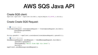 AWS SQS Java API
Create SQS client:
SqsClient sqsClient = SqsClient.builder().region(Region.AP_SOUTH_1).build();
Create Create SQS Request:
// 1⃣ Create Queue
CreateQueueRequest createQueueRequest = CreateQueueRequest.builder()
.queueName(queueName)
.build();
String queueUrl = sqsClient.createQueue(createQueueRequest).queueUrl();
// 2⃣ Send Message
SendMessageRequest sendRequest = SendMessageRequest.builder()
.queueUrl(queueUrl)
.messageBody("Hello from SQS via Java!")
.build();
sqsClient.sendMessage(sendRequest);
 