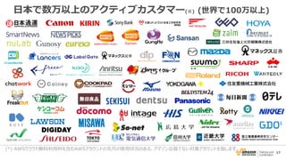 17
(*) AWSクラウド無料利用枠を含むAWSアカウントの先月の使用状況のある、アマゾン会員でない対象アカウントを指します。
日本で数万以上のアクティブカスタマー(※) (世界で100万以上)
 
