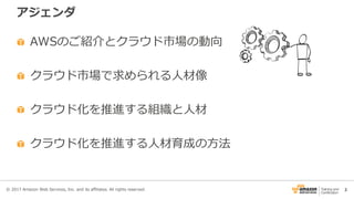 2
アジェンダ
AWSのご紹介とクラウド市場の動向
クラウド市場で求められる人材像
クラウド化を推進する組織と人材
クラウド化を推進する人材育成の方法
© 2017 Amazon Web Services, Inc. and its affiliates. All rights reserved.
 