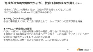 6161
育成が大切なのはわかるが、教育予算の確保が難しい…
◆AWSユーザ企業のB社様
クラウド導入による削減効果や保守の見直し等で他の予算を減らす
上層部には「機器や保守にお金を使うのではなく、人に投資している」という形で
全体的に投資先がシフトしているのだと説明
それが長期的にはサービスを充実させ、コスト削減につながる
◆AWSパートナーのA社様
今後の事業拡大に向けての先行投資として、トップダウンで教育予算を確保。
①トップダウンで確保するか、②他の予算を持ってくるかの2択
特に②の場合はProducerの力量が求められる
 