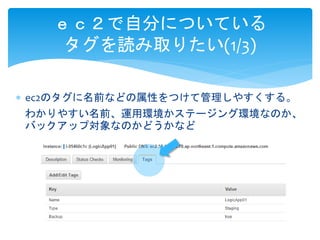 ｅｃ２で自分についている 
タグを読み取りたい(1/3) 
 ec2のタグに名前などの属性をつけて管理しやすくする。 
わかりやすい名前、運用環境かステージング環境なのか、 
バックアップ対象なのかどうかなど 
 