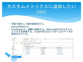 カスタムメトリクスに追加したい 
(4/5) 
 手動で実行して動作確認を行う。 
ruby putMetric.rb 
 Cloudwatchで、実際に確認する。MetricsのEC2カスタムメ 
トリクスを参照する。Custom/EC2というネームスペースが 
追加されている。 
 
