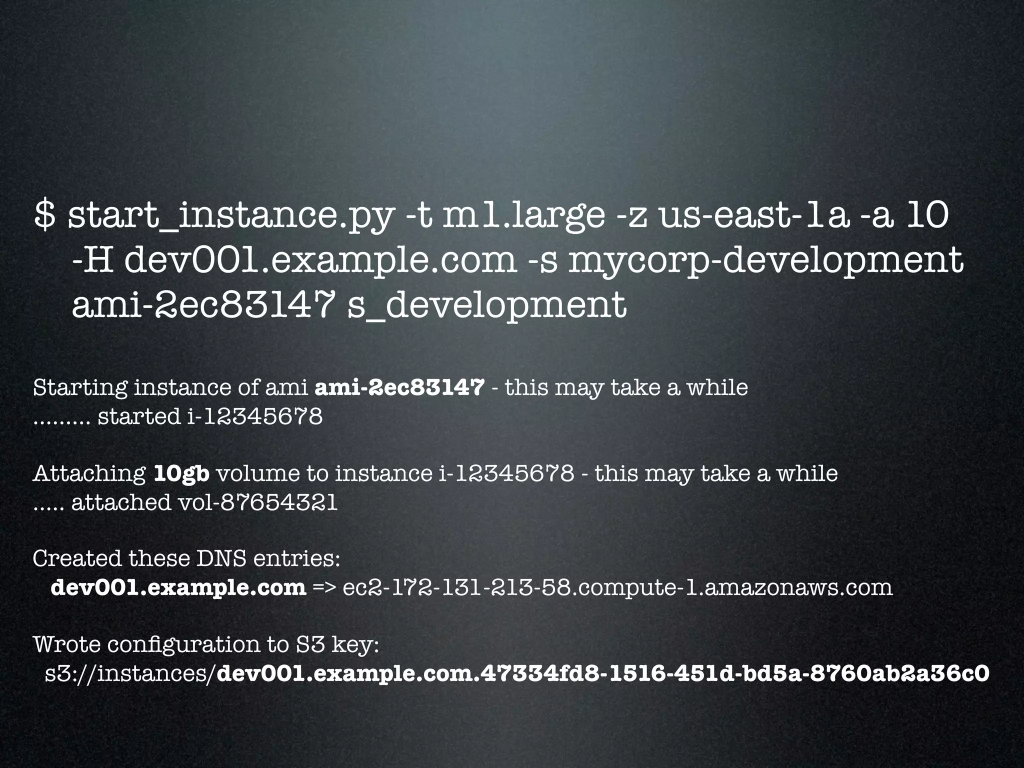$ start_instance.py -t m1.large -z us-east-1a -a 10
  -H dev001.example.com -s mycorp-development
  ami-2ec83147 s_development

Starting instance of ami ami-2ec83147 - this may take a while
......... started i-12345678

Attaching 10gb volume to instance i-12345678 - this may take a while
..... attached vol-87654321

Created these DNS entries:
 dev001.example.com => ec2-172-131-213-58.compute-1.amazonaws.com

Wrote conﬁguration to S3 key:
 s3://instances/dev001.example.com.47334fd8-1516-451d-bd5a-8760ab2a36c0
 
