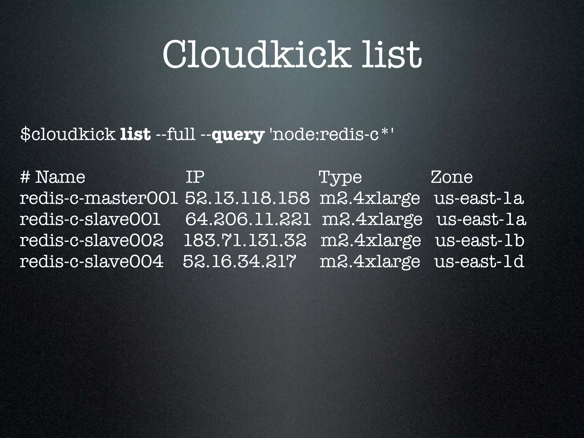 Cloudkick list
$cloudkick list --full --query 'node:redis-c*'

# Name            IP                Type         Zone
redis-c-master001 52.13.118.158     m2.4xlarge   us-east-1a
redis-c-slave001 64.206.11.221      m2.4xlarge    us-east-1a
redis-c-slave002 183.71.131.32      m2.4xlarge   us-east-1b
redis-c-slave004 52.16.34.217       m2.4xlarge   us-east-1d
 