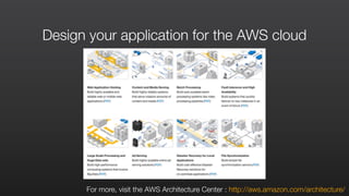 Design your application for the AWS cloud
For more, visit the AWS Architecture Center : http://aws.amazon.com/architecture/
 