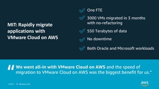© 2019 @Sandy_Carter
One FTE
3000 VMs migrated in 3 months
with no-refactoring
550 Terabytes of data
No downtime
Both Oracle and Microsoft workloads
“
MIT: Rapidly migrate
applications with
VMware Cloud on AWS
© 2019 @Sandy_Carter
 