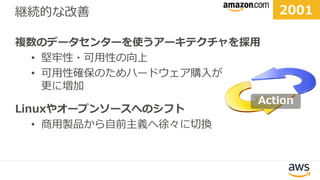 継続的な改善
複数のデータセンターを使うアーキテクチャを採用
• 堅牢性・可用性の向上
• 可用性確保のためハードウェア購入が
更に増加
Linuxやオープンソースへのシフト
• 商用製品から自前主義へ徐々に切換
Action
2001
 