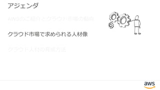 アジェンダ
AWSのご紹介とクラウド市場の動向
クラウド市場で求められる人材像
クラウド人材の育成方法
 