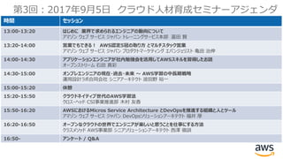 第3回：2017年9月5日 クラウド人材育成セミナーアジェンダ
時間 セッション
13:00-13:20 はじめに 業界で求められるエンジニアの動向について
アマゾン ウェブ サービス ジャパン トレーニングサービス本部 冨田 賢
13:20-14:00 営業でもできる！ AWS認定5冠の取り方 とマルチスタック営業
アマゾン ウェブ サービス ジャパン プロダクトマーケティング エバンジェリスト 亀田 治伸
14:00-14:30 アプリケーションエンジニアが社内勉強会を活用してAWSスキルを習得したお話
オープンストリーム 石田 真彩
14:30-15:00 オンプレエンジニアの現在・過去・未来 〜 AWS学習の中長期戦略
運用設計ラボ合同会社 シニアアーキテクト 波田野 裕一
15:00-15:20 休憩
15:20-15:50 クラウドネイティブ世代のAWS学習法
クロス・ヘッド CSI事業推進部 木村 友香
15:50-16:20 AWSにおけるMicros Service Architecture とDevOpsを推進する組織と人とツール
アマゾン ウェブ サービス ジャパン DevOpsソリューションアーキテクト 福井 厚
16:20-16:50 オープンなクラウドの世界でエンジニアが楽しいと思うことを仕事にする方法
クラスメソッド AWS事業部 シニアソリューションアーキテクト 西澤 徹訓
16:50- アンケート / Q&A
 