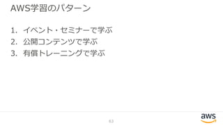 AWS学習のパターン
1. イベント・セミナーで学ぶ
2. 公開コンテンツで学ぶ
3. 有償トレーニングで学ぶ
63
 
