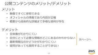 公開コンテンツのメリット/デメリット
68
メリット
• 無償ですぐに参照できる
• オフィシャルの情報であり内容が正確
• 概要から技術的な詳細まで多様な資料が存在
デメリット
• 全体像がわかりにくい
• 自分にとって必要な情報がどこにあるのかわからない
• 最新情報なのかどうかがわかりにくい
• 疑問があっても質問することができない
次ページへ
 