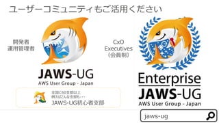 ユーザーコミュニティもご活用ください
JAWS-UG初心者支部
全国に60支部以上
例えばこんな支部も・・・
開発者
運用管理者
CxO
Executives
（会員制）
jaws-ug
 