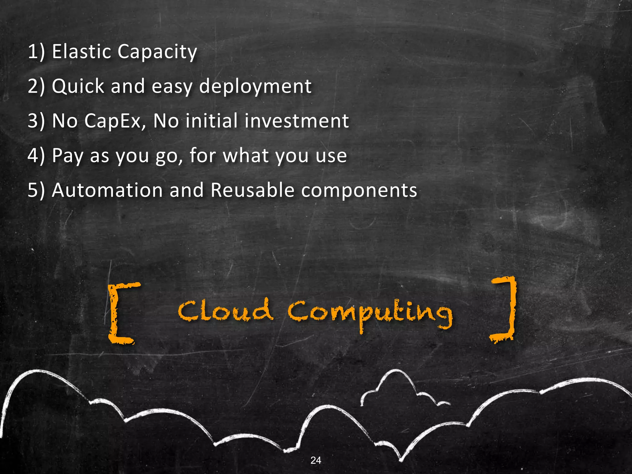24
1) Elastic Capacity
2) Quick and easy deployment
3) No CapEx, No initial investment
4) Pay as you go, for what you use
5) Automation and Reusable components
Cloud Computing ][
24
 