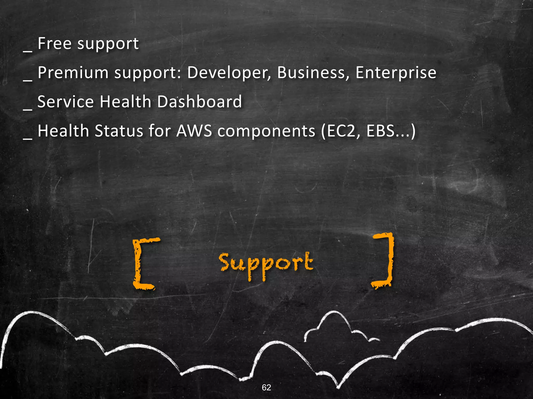 62
_ Free support
_ Premium support: Developer, Business, Enterprise
_ Service Health Dashboard
_ Health Status for AWS components (EC2, EBS...)
62
Support ][
 