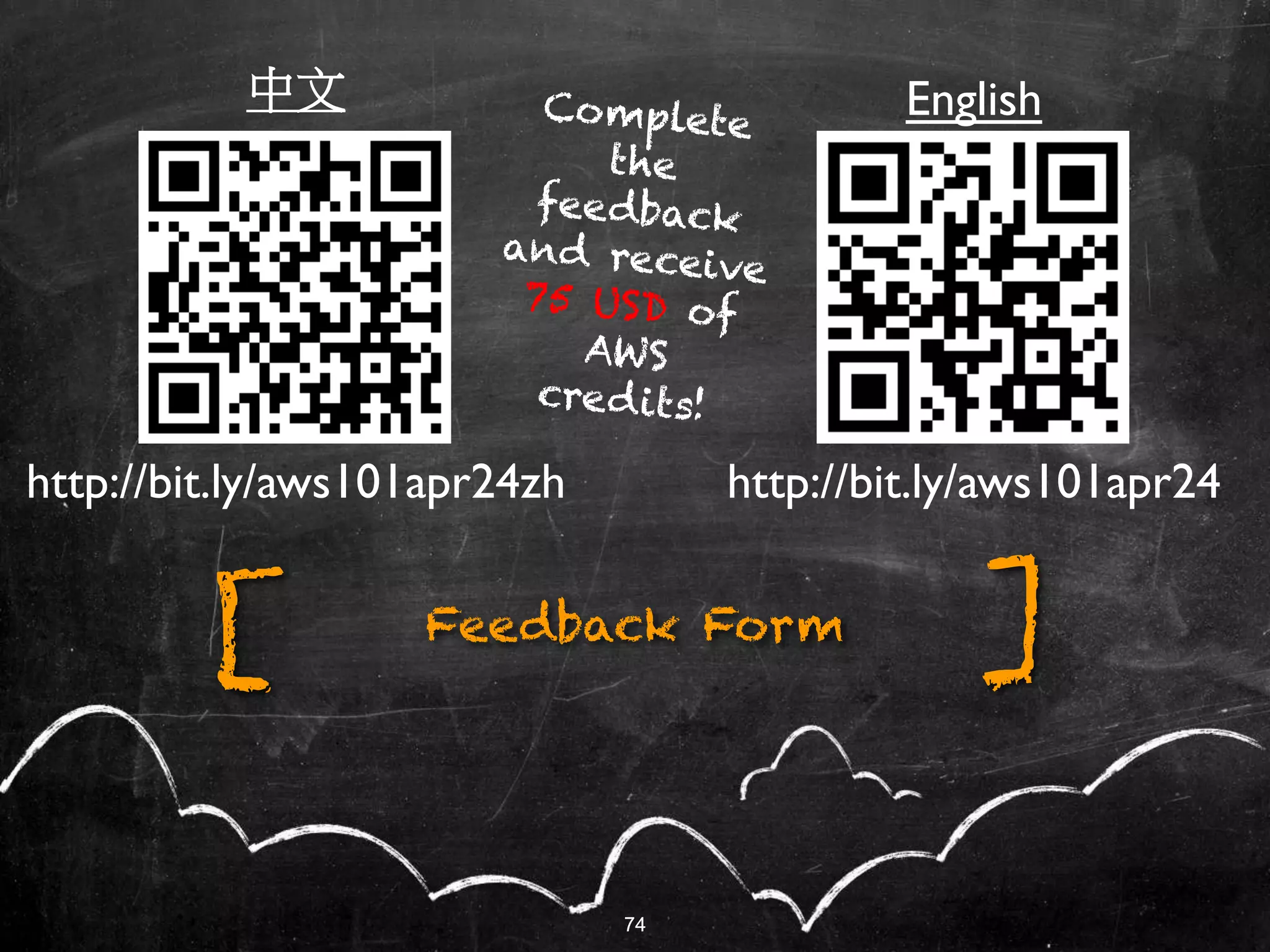 74
Feedback Form ][
74
http://bit.ly/aws101apr24zh
中文
http://bit.ly/aws101apr24
English
 