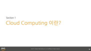 © 2017, Amazon Web Services, Inc. or its affiliates. All rights reserved.
10
Section 1
Cloud Computing 이란?
 