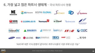 © 2017, Amazon Web Services, Inc. or its affiliates. All rights reserved.
6. 가장 넓고 많은 파트너 생태계 – 국내 파트너사 현황
30
... 외 다수
“AWS에 대한 지식/경험이 없더라도 파트너사들의 지원 하에 도입 가능”
 