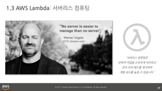 © 2017, Amazon Web Services, Inc. or its affiliates. All rights reserved.
1.3 AWS Lambda: 서버리스 컴퓨팅
47
‘서버리스 컴퓨팅은
반복적 작업을 신속하게 처리하고
관리 오버 헤드를 제거하여
개발 속도를 높일 수 있습니다.’
 