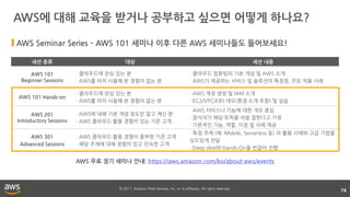 © 2017, Amazon Web Services, Inc. or its affiliates. All rights reserved.
AWS에 대해 교육을 받거나 공부하고 싶으면 어떻게 하나요?
74
세션 종류 대상 세션 내용
AWS 101
Beginner Sessions
· 클라우드에 관심 있는 분
· AWS를 아직 사용해 본 경험이 없는 분
· 클라우드 컴퓨팅의 기본 개념 및 AWS 소개
· AWS가 제공하는 서비스 및 솔루션의 특장점, 주요 적용 사례
AWS 101 Hands-on
· 클라우드에 관심 있는 분
· AWS를 아직 사용해 본 경험이 없는 분
· AWS 계정 생성 및 IAM 소개
· EC2/VPC/EBS 데모(환경 소개 포함) 및 실습
AWS 201
Introductory Sessions
· AWS에 대해 기본 개념 정도만 알고 계신 분
· AWS 클라우드 활용 경험이 있는 기존 고객
· AWS 서비스나 기능에 대한 개요 중심
· 참석자가 해당 토픽을 처음 접한다고 가정
· 기본적인 기능, 역할, 이점 및 사례 제공
AWS 301
Advanced Sessions
· AWS 클라우드 활용 경험이 풍부한 기존 고객
· 해당 주제에 대해 경험이 있고 친숙한 고객
· 특정 주제 (예: Mobile, Serverless 등) 의 활용 사례와 고급 기법을
심도있게 전달
· Deep dive와 Hands-On을 번갈아 진행
AWS 무료 정기 세미나 안내: https://aws.amazon.com/ko/about-aws/events
AWS Seminar Series – AWS 101 세미나 이후 다른 AWS 세미나들도 들어보세요!
 