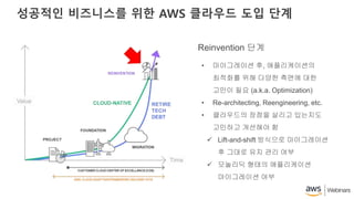 성공적인 비즈니스를 위한 AWS 클라우드 도입 단계
Reinvention 단계
• 마이그레이션 후, 애플리케이션의
최적화를 위해 다양한 측면에 대한
고민이 필요 (a.k.a. Optimization)
• Re-architecting, Reengineering, etc.
• 클라우드의 장점을 살리고 있는지도
고민하고 개선해야 함
 Lift-and-shift 방식으로 마이그레이션
후 그대로 유지 관리 여부
 모놀리딕 형태의 애플리케이션
마이그레이션 여부
 