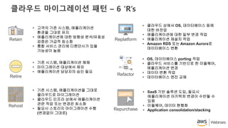 클라우드 마이그레이션 패턴 – 6 ‘R’s
Retain
• 고객의 기존 시스템, 애플리케이션
환경을 그대로 유지
• 애플리케이션에 대한 방향성 분석/유효성
검증은 가급적 최소화
• 통합 서비스 관리에 디펜던시가 있을
가능성이 높음
Retire
Rehost
• 기존 시스템, 애플리케이션 해체
• 마이그레이션 대상에서 제외
• 애플리케이션 담당자의 승인 필요
• 기존 시스템, 애플리케이션을 그대로
클라우드로 마이그레이션
• 클라우드 인프라 상에서 애플리케이션
관련 작업 또는 변경은 최소화
• 필요시 스토리지 마이그레이션 수행
(변경없이 그대로)
Replatform
• 클라우드 상에서 OS, 데이터베이스 등에
대한 버전업
• 애플리케이션에 대한 일부 변경 작업
• 애플리케이션 재설치 작업
• Amazon RDS 또는 Amazon Aurora로
데이터베이스 변환
Refactor
Repurchase
• OS, 데이터베이스 porting 작업
• 클라우드 서비스를 기반으로 한 미들웨어,
애플리케이션 변경
• 데이터 변환 작업
• 데이터베이스 엔진 교체
• SaaS 기반 솔루션 도입, 필요시
애플리케이션 아키텍처 변경이 수반될 수
있음
• 미들웨어, 데이터 현행화
• Application consolidation/stacking
 