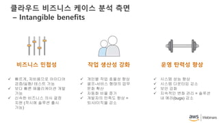 클라우드 비즈니스 케이스 분석 측면
– Intangible benefits
비즈니스 민첩성
 빠르게, 저비용으로 아이디어
검증/실험/ 테스트 가능
 보다 빠른 애플리케이션 개발
가능
 신속한 비즈니스 의사 결정
지원 (적시에 솔루션 출시
가능)
운영 탄력성 향상작업 생산성 강화
 개인별 작업 효율성 향상
 셀프-서비스 형태의 업무
문화 확산
 자동화 비율 증가
 개발자의 만족도 향상 =
퇴사/이직율 감소
 시스템 성능 향상
 시스템 다운타임 감소
 보안 강화
 지속적인 변화 관리 = 솔루션
내 에러(bugs) 감소
 