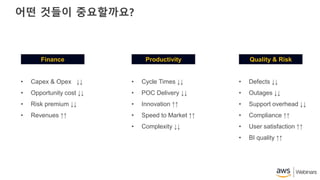 어떤 것들이 중요할까요?
Finance Productivity Quality & Risk
• Capex & Opex ↓↓
• Opportunity cost ↓↓
• Risk premium ↓↓
• Revenues ↑↑
• Cycle Times ↓↓
• POC Delivery ↓↓
• Innovation ↑↑
• Speed to Market ↑↑
• Complexity ↓↓
• Defects ↓↓
• Outages ↓↓
• Support overhead ↓↓
• Compliance ↑↑
• User satisfaction ↑↑
• BI quality ↑↑
 
