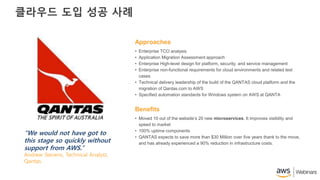 클라우드 도입 성공 사례
“We would not have got to
this stage so quickly without
support from AWS.”
Andrew Stevens, Technical Analyst,
Qantas.
• Enterprise TCO analysis
• Application Migration Assessment approach
• Enterprise High-level design for platform, security, and service management
• Enterprise non-functional requirements for cloud environments and related test
cases
• Technical delivery leadership of the build of the QANTAS cloud platform and the
migration of Qantas.com to AWS
• Specified automation standards for Windows system on AWS at QANTA
Approaches
• Moved 10 out of the website’s 20 new microservices. It improves visibility and
speed to market
• 100% uptime components
• QANTAS expects to save more than $30 Million over five years thank to the move,
and has already experienced a 90% reduction in infrastructure costs.
Benefits
 