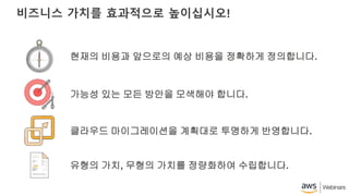 비즈니스 가치를 효과적으로 높이십시오!
현재의 비용과 앞으로의 예상 비용을 정확하게 정의합니다.
가능성 있는 모든 방안을 모색해야 합니다.
클라우드 마이그레이션을 계획대로 투명하게 반영합니다.
유형의 가치, 무형의 가치를 정량화하여 수립합니다.
 