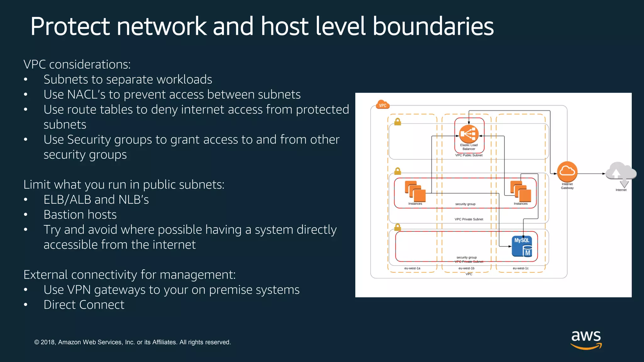 © 2018, Amazon Web Services, Inc. or its Affiliates. All rights reserved.
Protect network and host level boundaries
VPC considerations:
• Subnets to separate workloads
• Use NACL’s to prevent access between subnets
• Use route tables to deny internet access from protected
subnets
• Use Security groups to grant access to and from other
security groups
Limit what you run in public subnets:
• ELB/ALB and NLB’s
• Bastion hosts
• Try and avoid where possible having a system directly
accessible from the internet
External connectivity for management:
• Use VPN gateways to your on premise systems
• Direct Connect
 