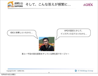 Copyright © 2013 AGREX INC.
6
そして、こんな答えが頻繁に…
某ユーザ会の某支部長をやっている弊社某マネージャー
IDCに依頼しといたから…
VPCの設定とかして、
インスタンス立てといたから…
13年9月10日火曜日
 