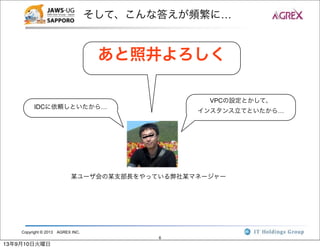 Copyright © 2013 AGREX INC.
6
そして、こんな答えが頻繁に…
某ユーザ会の某支部長をやっている弊社某マネージャー
IDCに依頼しといたから…
VPCの設定とかして、
インスタンス立てといたから…
あと照井よろしく
13年9月10日火曜日
 