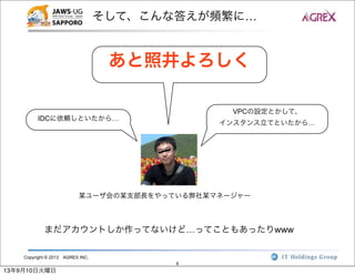 Copyright © 2013 AGREX INC.
6
そして、こんな答えが頻繁に…
某ユーザ会の某支部長をやっている弊社某マネージャー
IDCに依頼しといたから…
VPCの設定とかして、
インスタンス立てといたから…
あと照井よろしく
まだアカウントしか作ってないけど…ってこともあったりwww
13年9月10日火曜日
 