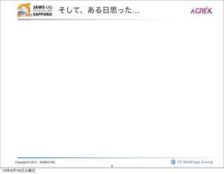Copyright © 2013 AGREX INC.
8
そして、ある日思った…
13年9月10日火曜日
 