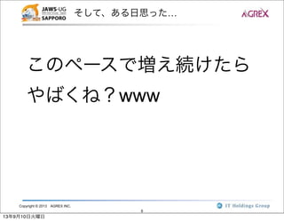 Copyright © 2013 AGREX INC.
8
そして、ある日思った…
このペースで増え続けたら
やばくね？www
13年9月10日火曜日
 