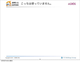 Copyright © 2013 AGREX INC.
10
こっちは使っていません。
13年9月10日火曜日
 