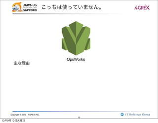 Copyright © 2013 AGREX INC.
10
こっちは使っていません。
OpsWorks
主な理由
13年9月10日火曜日
 