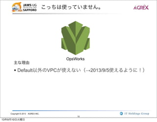 Copyright © 2013 AGREX INC.
10
こっちは使っていません。
OpsWorks
• Default以外のVPCが使えない（→2013/9/5使えるように！）
主な理由
13年9月10日火曜日
 