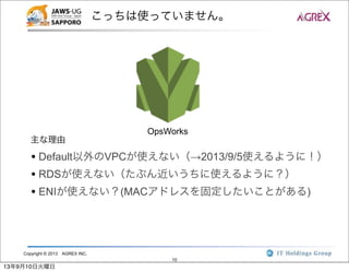 Copyright © 2013 AGREX INC.
10
こっちは使っていません。
OpsWorks
• Default以外のVPCが使えない（→2013/9/5使えるように！）
• RDSが使えない（たぶん近いうちに使えるように？）
• ENIが使えない？(MACアドレスを固定したいことがある)
主な理由
13年9月10日火曜日
 