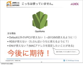 Copyright © 2013 AGREX INC.
10
こっちは使っていません。
OpsWorks
• Default以外のVPCが使えない（→2013/9/5使えるように！）
• RDSが使えない（たぶん近いうちに使えるように？）
• ENIが使えない？(MACアドレスを固定したいことがある)
誰か方法知っていたら教えてください…
主な理由
今後に期待！
13年9月10日火曜日
 