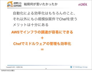 Copyright © 2013 AGREX INC.
17
結局何が言いたかったか
自動化による効率化はもちろんのこと、
それ以外にも小規模SI案件でChefを使う
メリットは十分にある
AWSでインフラの調達が容易にできる
＋
Chefでミドルウェアの管理も効率化
＝
13年9月10日火曜日
 
